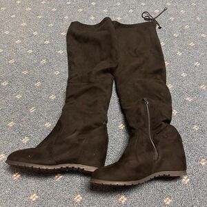 Dream Pairs Women Sz 9 Thigh High Fashion Boots Over The Knee Block Wedge Suede